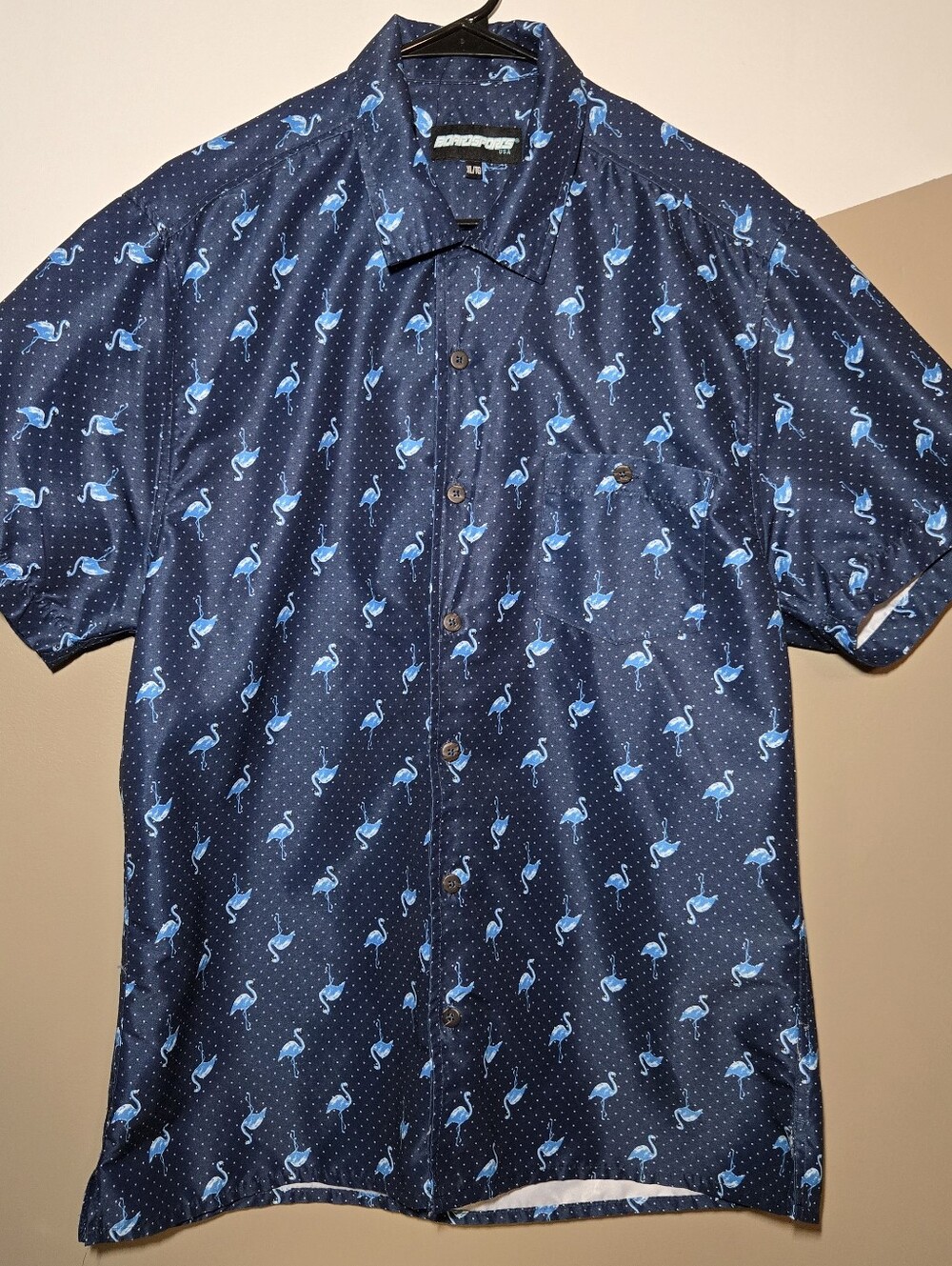 Board Sports USA Men's Button Up Flamingos Dark And Light Blue Pocket Size XL
